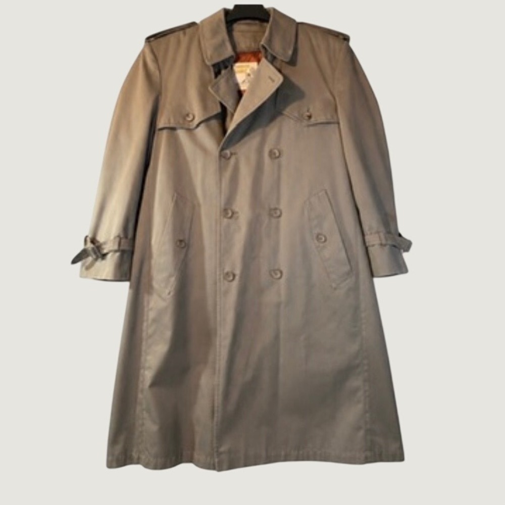 London Towne Trench Coat Mens 42 Short Tan Double Breasted Belt Vintage Raincoat